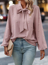 Pearls Beaded Tie Neck Lantern Sleeve Blouse